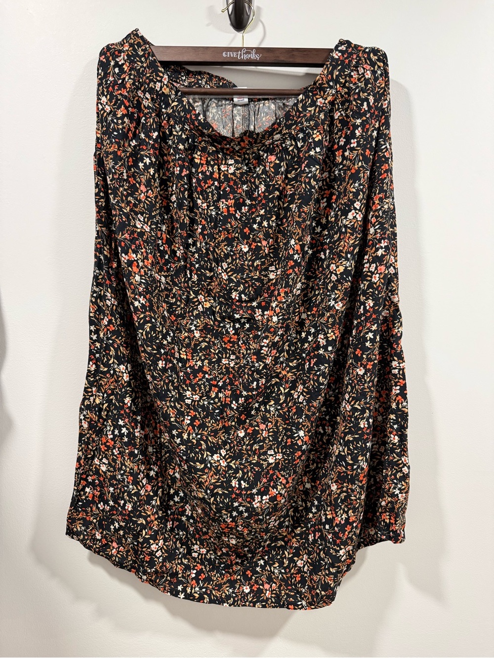 Old Navy Black Floral Long-Sleeve Peasant Blouse